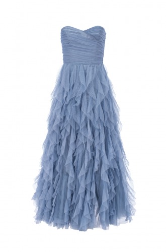 Długa, niebieska suknia gorsetowa