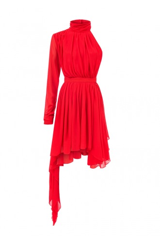 La Mania, czerwona sukienka, asymetryczna, jedwabna