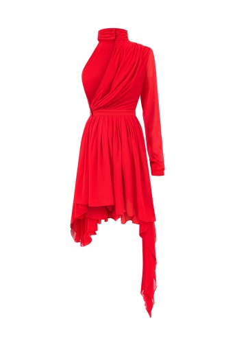 La Mania, czerwona sukienka, asymetryczna, jedwabna